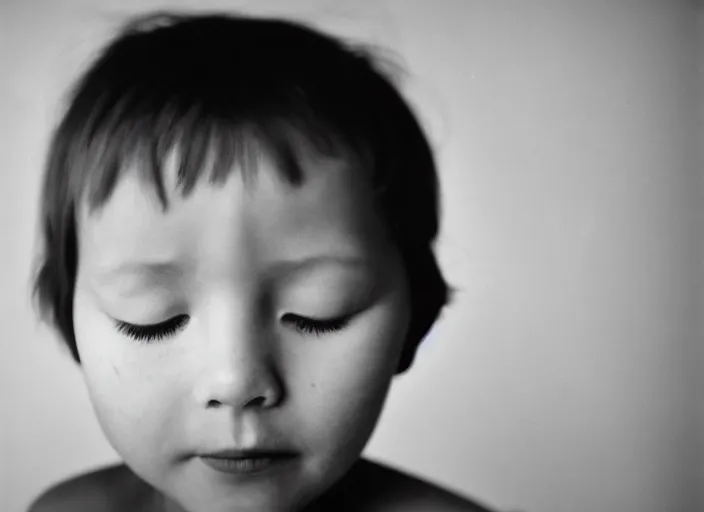 Image similar to high _ resolution _ black _ and _ white _ portrait _ with _ a _ 3 5 mm _ f _ 5. 0 _ lens _ of _ a _ single _ child _ single _ head _ from _ soviet _ russia with eyes closed with a sorrowf