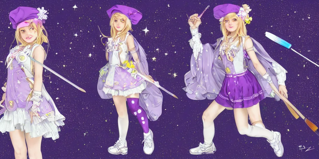 Prompt: A character sheet of a magical girl holding a paintbrush with short blond hair and freckles wearing an oversized purple Beret, Purple overall shorts, jester shoes, and white leggings covered in stars. Rainbow accents on outfit. Concept Art painting. By ZaZa. By WLOP. By Artgerm. By Alphonse Mucha. Decora. harajuku fashion