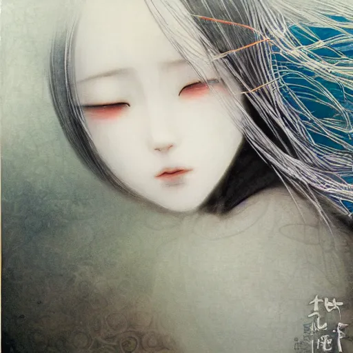 Image similar to yoshitaka amano blurred and dreamy realistic illustration of a young japanese woman with black eyes, wavy white hair fluttering in the wind wearing elden ring armor with engraving, abstract patterns in the background, satoshi kon anime, noisy film grain effect, highly detailed, renaissance oil painting, weird portrait angle, blurred lost edges, three quarter view