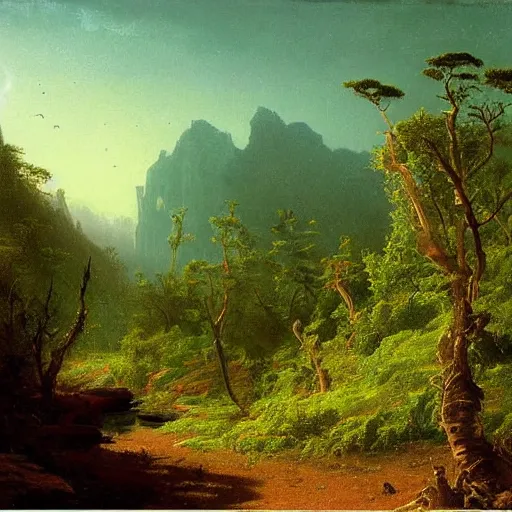 Prompt: painting of a lush natural scene on an alien planet by albert bierstadt. beautiful landscape. weird vegetation. cliffs and water.