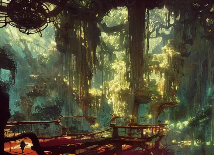 Image similar to treehouse interior, intricate, elegant, highly detailed, vivid colors, john harris, frazetta, tyrus wong, ruan jia, jeffrey catherine jones