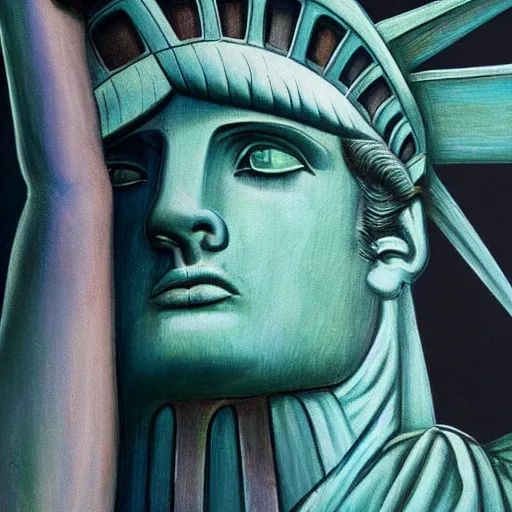 Image similar to extremely realistic statue of liberty, Painting by Erik Johansson, micro detailing