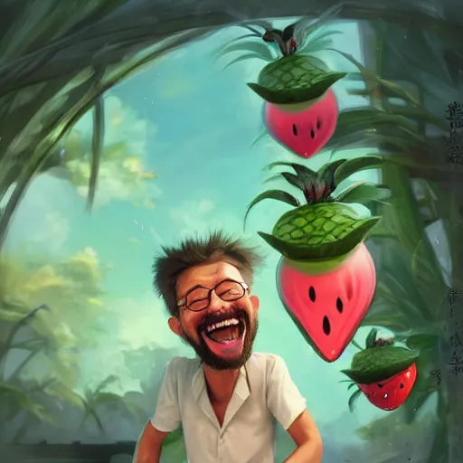 Image similar to a mad scientist in his back yard laughing happily at the watermelons which are falling from the sky , made by Stanley Artgerm Lau, WLOP, Rossdraws, ArtStation, CGSociety, concept art, cgsociety, octane render, trending on artstation, artstationHD, artstationHQ, unreal engine, 4k, 8k,