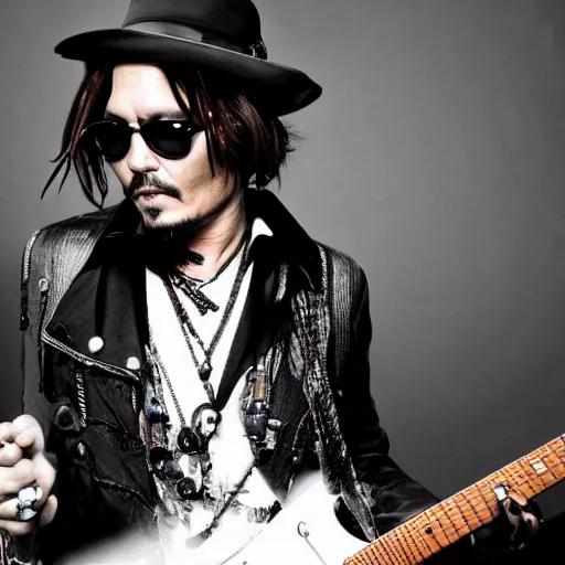 Image similar to portrait of johnny depp with an electric guitar as a rock singer, symmetrical, nikon 3 5 mm photography, ultrarealistic