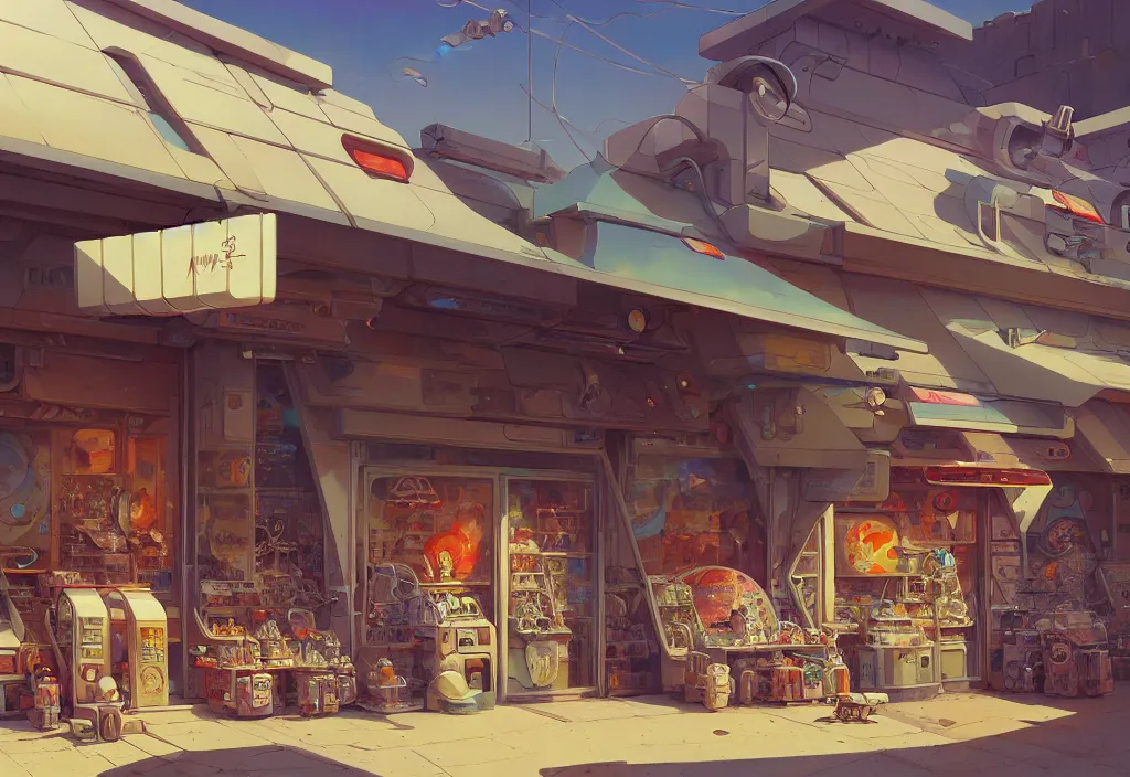 Image similar to chubby futuristic shop in the desert surrounded by two metal boxes, intricate oil painting, high detail illustration, sharp high detail, manga and anime 1 9 9 9, official fanart behance hd artstation by jesper ejsing and makoto shinkai, 4 k,