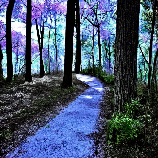 Prompt: infra-red, color, photography, forest, purple, blue, yellow, filtered, dappled, path, quaint, calming