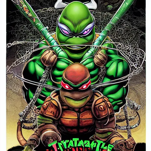 Image similar to portrait of crazy teenage mutant ninja turtle, symmetrical, by yoichi hatakenaka, masamune shirow, josan gonzales and dan mumford, ayami kojima, takato yamamoto, barclay shaw, karol bak, yukito kishiro