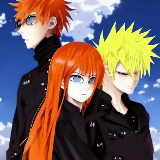 Image similar to orange - haired anime boy, 1 7 - year - old anime boy with wild spiky hair, standing next to 1 7 - year - old pale - skinned persian girl with black hair long bob cut, long bangs, black gothic jacket, ultra - realistic, sharp details, subsurface scattering, blue sunshine, intricate details, hd anime, 2 0 1 9 anime