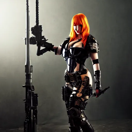 Image similar to full body photo of christina hendricks as a cyberpunk warrior with weapons by Sakimichan trending on Deviantart