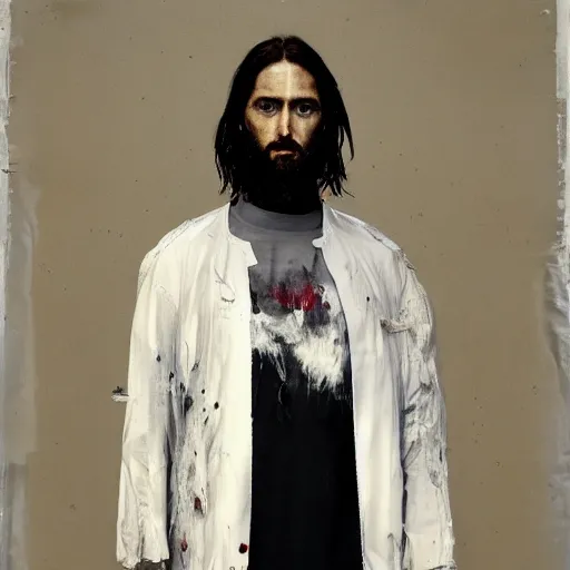 Image similar to a full body lookbook portrait of modern - day jesus wearing virgil abloh off - white menswear and sneaker collection by nicola samori, detailed, realistic oil painting, hyper - realistic, 8 k, off - white collection