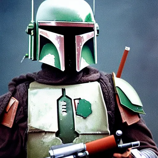 Prompt: Boba Fett smoking a cigarette, award winning portrait photo by Annie Liebowitz