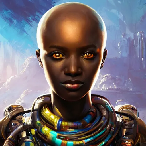 Prompt: african biopunk bounty hunter, science fiction, highly detailed, digital painting, beautiful eyes, symmetry, concept art, sharp focus, illustration, global illumination, radiant light, synthwave colors, detailed and intricate environment, art by artgerm and greg rutkowski and magali villeneuve and ilya kuvshinov!