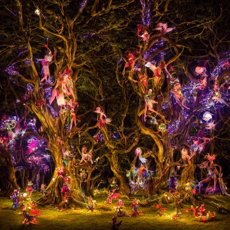 Prompt: photography award of a night carnival fairies around a magical tree, christmas lights, creatures and fantastic people disguised as fantastic creatures in a magical forest by summer night, masterpiece photography by gregory crewdson and john anster fitzgerald, volumetric lightning