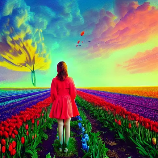 Image similar to large tulip in front of face, girl standing in a flower field, surreal photography, sunrise dramatic light, impressionist painting, colorful clouds, digital painting, artstation, simon stalenhag, flower face