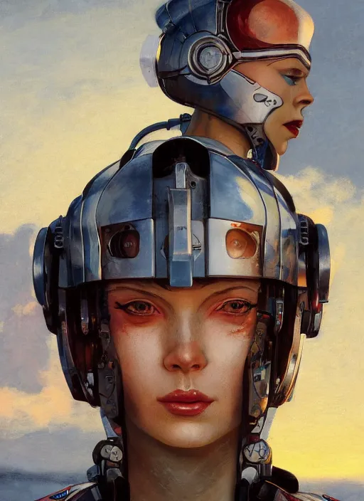 Image similar to symmetry!!! closeup portrait! of a racer pirate girl, cyborg jumpsuit, in clouds, cinematic light, windy, sunrise, by gerald brom, by mikhail vrubel, by peter elson, muted colors, extreme detail, trending on artstation, 8 k