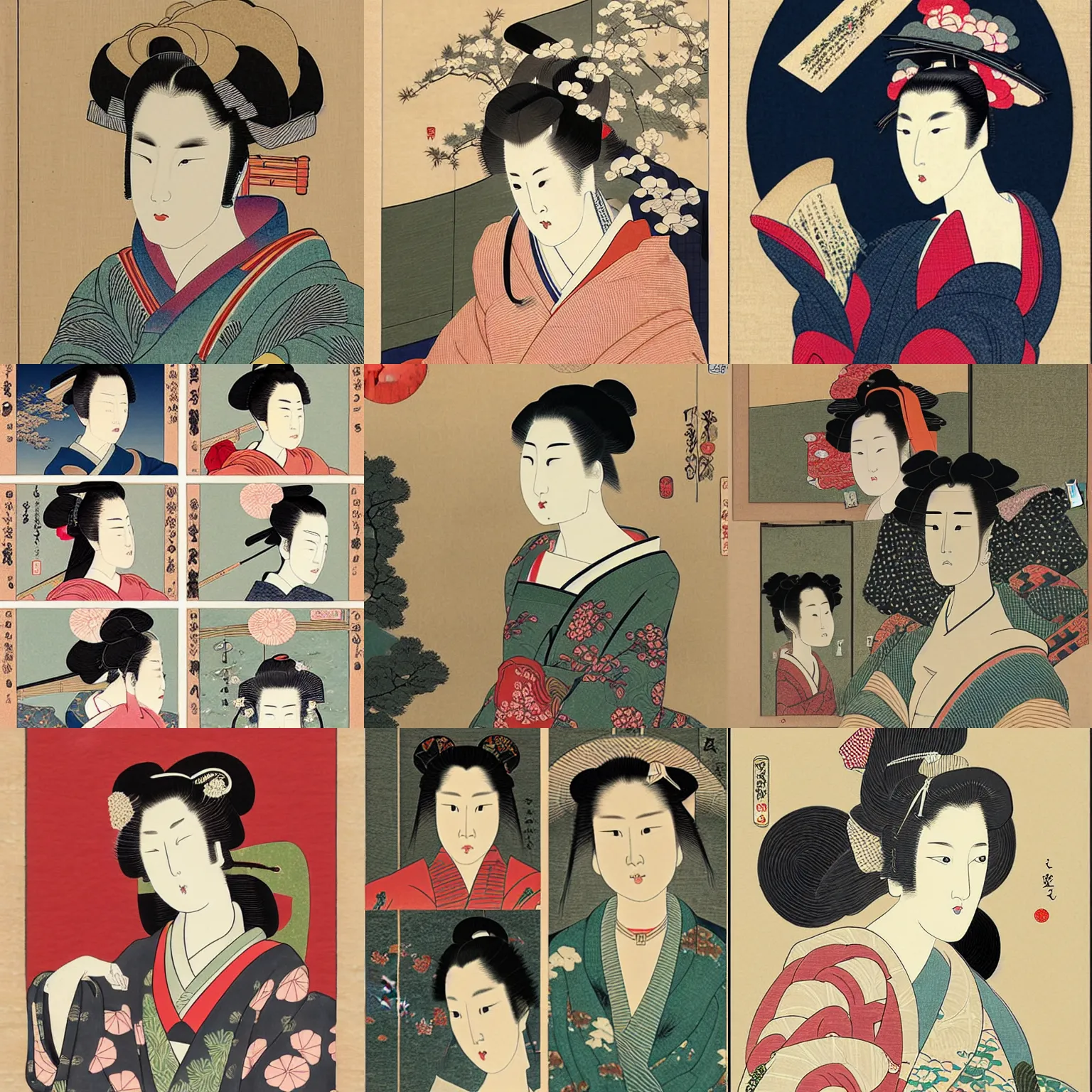 Prompt: nine portraits of a beautiful woman in the style of ukiyo - e, ultra detailed, intricate