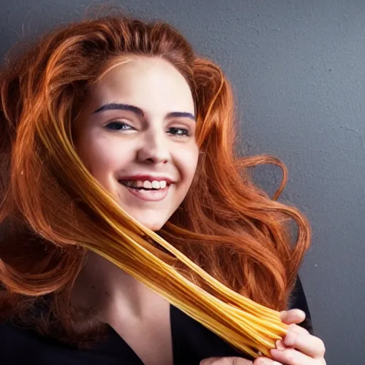 Prompt: a woman with spaghetti for hair