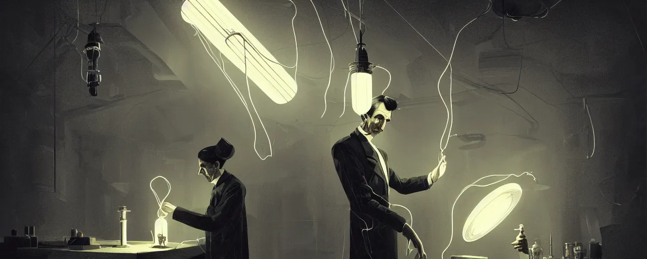 Image similar to duotone dark illustration 3 / 4 portrait of nikola tesla with wireless lightbulbs conducting experiments in wardenclyffe tower. cinematic lighting. golden ratio accidental renaissance. by sachin teng and sergey kolesov and ruan jia and heng z. graffiti art, scifi, fantasy, hyper detailed. octane render. concept art. trending on artstation