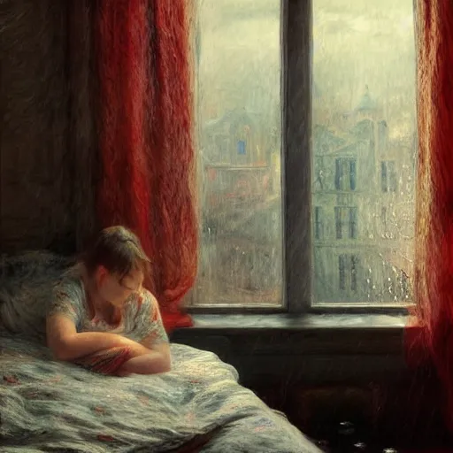 Image similar to on a rainy day, someone in home sits in bed, curled up under the covers, watching the rain outside the window, cinematic, artstation, extremely detailed, intricate, cinematic lighting, art by pierre - auguste renoir, arie johannes lamme, greg rutkowski