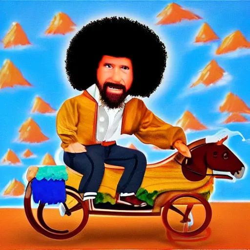 Prompt: bob ross riding a rocking horse on acid