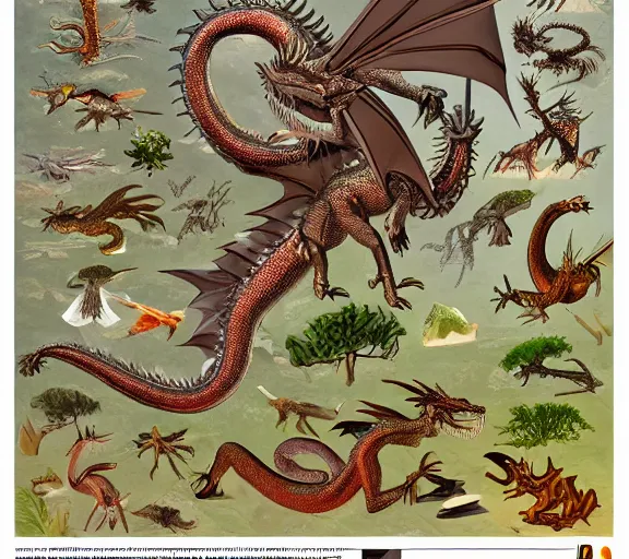 Image similar to an illustrated field guide to dragons showing examples of males and females of each spicies, biological illustrations, art by robert stebbins and terryl whitlatch and david sibley and john james audubon and charles darwin, highly detailed, intricately detailed, 8 k, trending on artstation