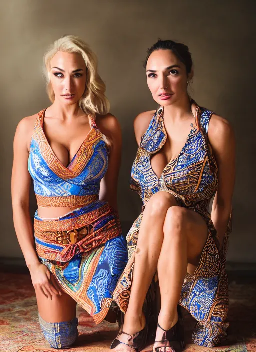 Prompt: portrait of lindsey pelas and gal gadot wearing batik vest and sarong skirt kneeling on the floor, by charlotte grimm, natural light, detailed face, beautiful features, symmetrical, canon eos c 3 0 0, ƒ 1. 8, 3 5 mm, 8 k, medium - format print,