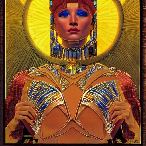 Prompt: close - up renaissance portrait of a primitive art deco android priestess, reflective detailed textures, highly detailed fantasy science fiction painting by moebius, norman rockwell and william holman hunt and syd mead. elaborate geometric ornament, rich colors, high contrast. artstation