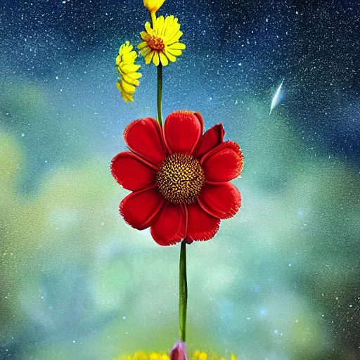 Image similar to Not often, but occasionally. A star is born in a flower. Nestled in a soft bed of pollen and petals it can grow in the most unlikely of places. Just waiting for a lucky creature to find it,night star sky background Galaxys, red and yellow flower by Gediminas Pranckevicius