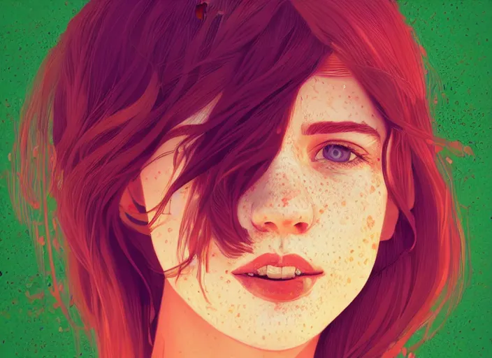 Prompt: portrait of a beautiful smiling girl with orange hair and freckles, green eyes, intricate, elegant. highly detailed, digital painting, artstation, concept art, smooth, sharp, focus, illustration. background is purple, art by Ilya Kuvshinov