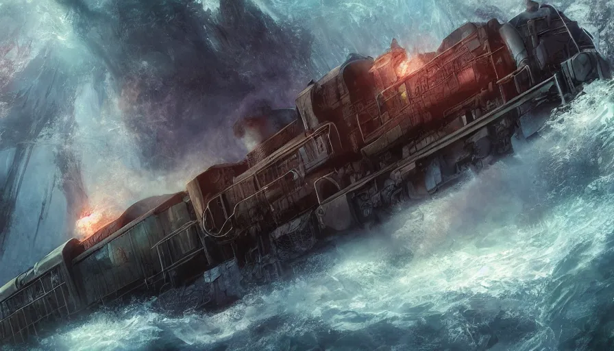 Image similar to craig mullins and ghibli digital illustration of a long dragon - style train in deep ocean unreal engine, hyper realism, realistic shading, cinematic composition, realistic render, octane render, detailed textures, photorealistic, wide shot