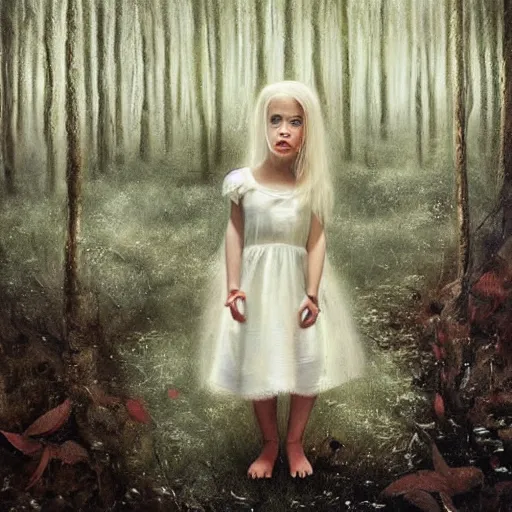 Image similar to a painting of a beautiful little girl in a white dress, white hair, bare foot, in the middle of a strange forest by Seb McKinnon