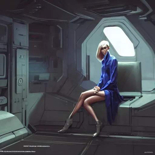 Image similar to concept art by greg rutkowski, a very tall, and slender blonde woman, wearing blue utilitarian jumpsuit, sitting in the spaceship command bridge, brutalist futuristic interior, dark lighting atmosphere, detailed portraits, nostalgic atmosphere, scifi, digital painting, artstation, concept art, smooth, sharp foccus ilustration, artstation hq