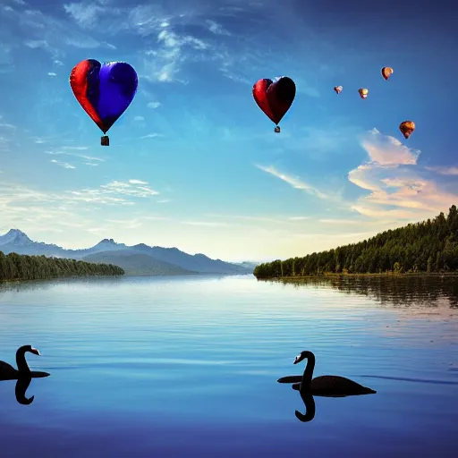 Image similar to photo of two black swans swimming in a beautiful reflective mountain lake, touching heads, forming a heart with their necks, a colorful hot air balloon is flying above the swans, hot air balloon, intricate, 8k highly professionally detailed, HDR, CGsociety