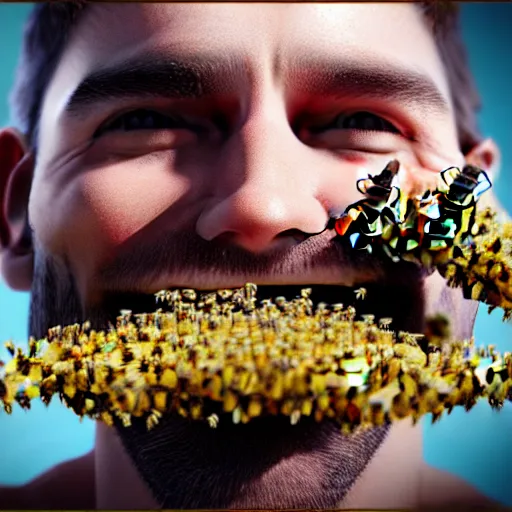 Image similar to photograph of smiling man with bees inside his mouth, 8k resolution, high detail, ULTRA REALISTIC VFX, reflections