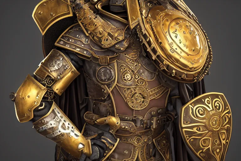 Image similar to steampunk paladin, full body portrait, octane render, 4k, extremely ornate armor and shield, highly intricate