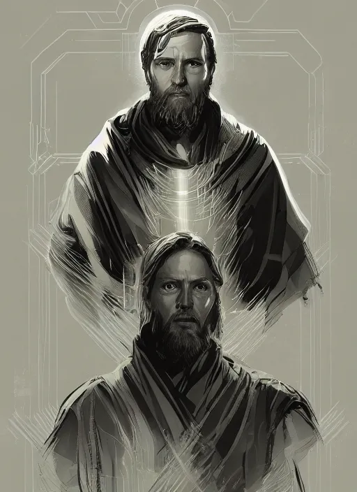 Image similar to a portrait of obi - wan kenobi as a jesus, cyberpunk, grim - lighting, high - contrast, intricate, elegant, highly detailed, digital painting, artstation, concept art, smooth, sharp focus, illustration