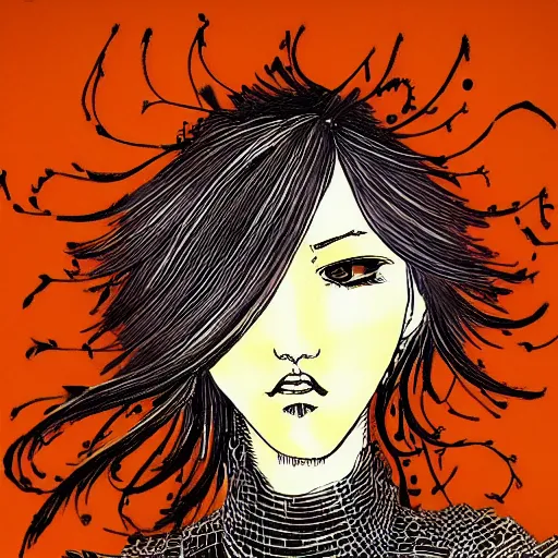 Image similar to pen, loosely cross hatched, ink, orange copic marker background, illustration of a scifi girls face, by Terada Katsuya, koji morimoto, tatsuyuki tanaka