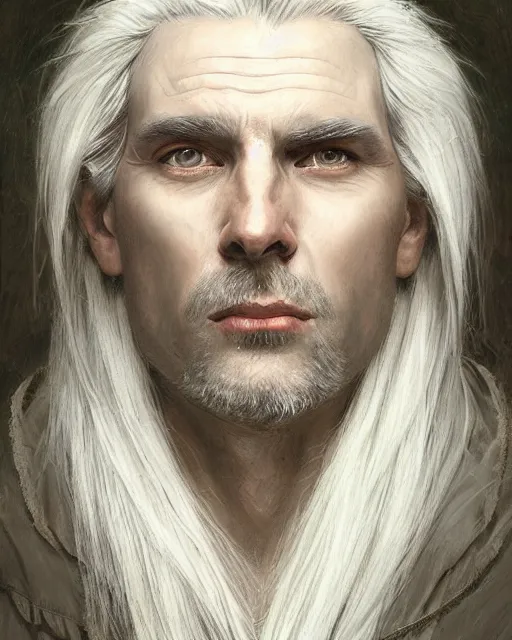 Prompt: portrait of 4 0 - year - old man with white hair with a pale complexion, pointed face and grey eyes, clear smooth face, no beard wearing black clothes, hyper realistic face, beautiful eyes, close up, fantasy art, in the style of greg rutkowski, intricate, alphonse mucha, hyper detailed, smooth