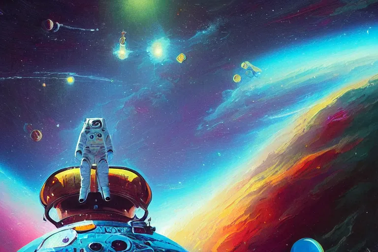 Image similar to digital painting of an astronaut floating in space, by paul lehr and vincent di fate, detailed, intricate, sharp focus, symmetry, sci fi, futurism, fantasy, neon lights, galaxies, stars, space, artstation, cinematic lighting, trippy, psychedelic art