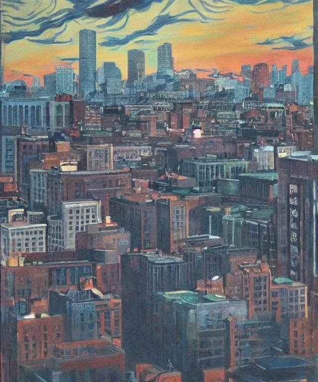 Prompt: horrifying full color photorealistic painting of a 1 9 2 5 hotel terrace overlooking a distored view of downtown boston with a cosmic sky, dark, atmospheric, brooding, smooth, finely detailed, cinematic, epic, in the style of lee gibbons