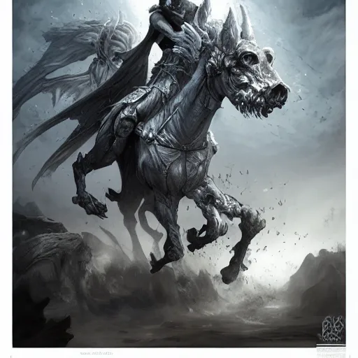 Image similar to concept art by artgerm, death of the four horsemen of the apocalypse, soft grey and blue natural light, intricate, queen of death riding, highly detailed dark art, digital painting, artstation, concept art, smooth, sharp focus, illustration, art by greg rutkowski and luis rollo and uang guangjian and gil elvgren, symmetry!