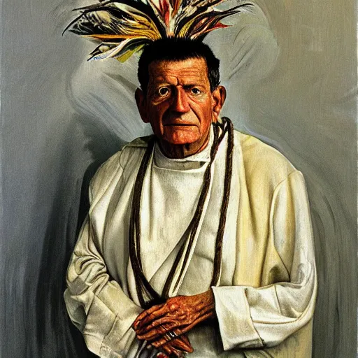 Image similar to high quality high detail painting by lucian freud, hd, portrait of an aztec priest with feathers, photorealistic lighting