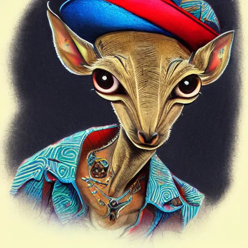 Prompt: a dik dik monster with tattoos, wearing a fedora, tattoos, colorful, digital art, fantasy, magic, trending on artstation, ultra detailed, professional illustration by basil gogos