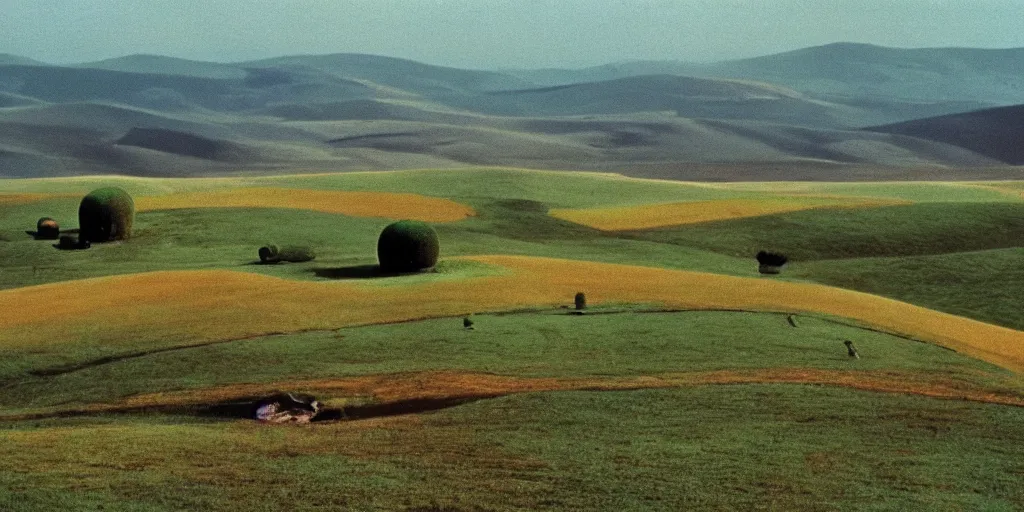 Image similar to A full color still from a Stanley Kubrick film featuring rolling green hills with windows, doors, and chimneys built into the hills, 35mm, 1975