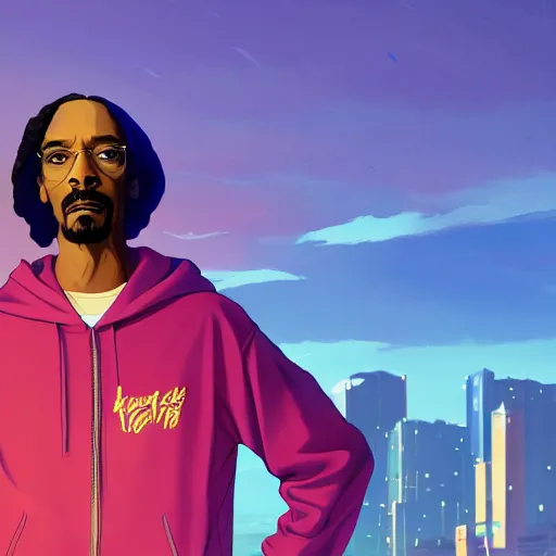 Image similar to ⁠portrait of Snoop Dogg , Karachi skyline background, rich vivid colors, ambient lighting, dynamic lighting, 4k, HQ, official media, anime key visual, makoto shinkai, ilya kuvshinov, lois van baarle, rossdraws, detailed, trending on artstation