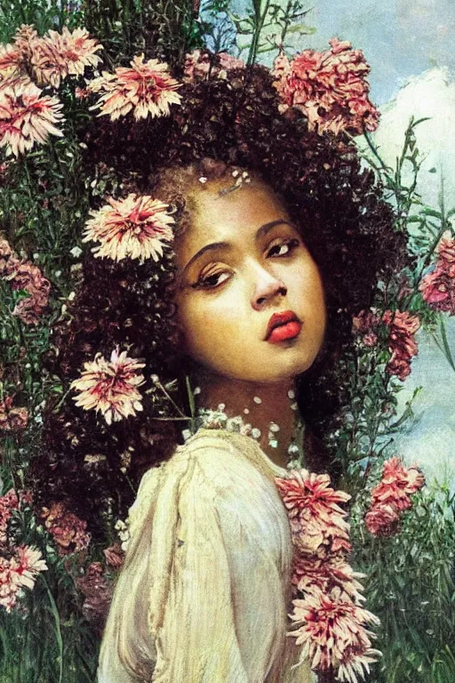 Image similar to close - up fashion afro woman portrait airy flowers cloudy sky art by vasnetsov