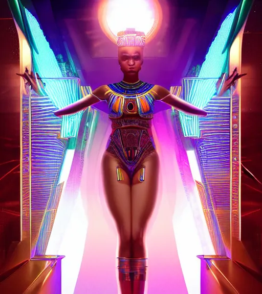 Image similar to symmetry!! egyptian princess of technology, solid cube of light, hard edges, product render retro - futuristic poster scifi, lasers and neon circuits, beautiful brown skin woman egyptian princess, intricate, elegant, highly detailed, digital painting, artstation, concept art, smooth, sharp focus, illustration, dreamlike, art by artgerm