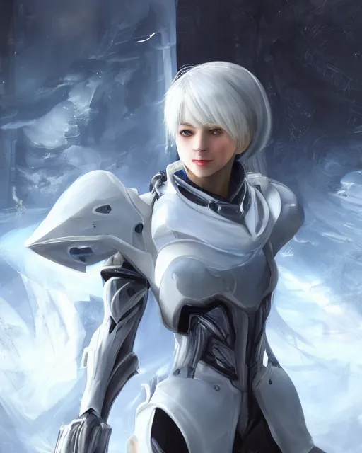 Image similar to perfect white haired girl, warframe armor, beautiful, dreamy, pretty face, blue eyes, portrait, detailed, bright light, scifi, amazing, utopian architecture in the background, laboratory, 4 k, ultra realistic, aura of light, cinematic, high detail, masterpiece, art by akihito tsukushi, akasuki brightmind