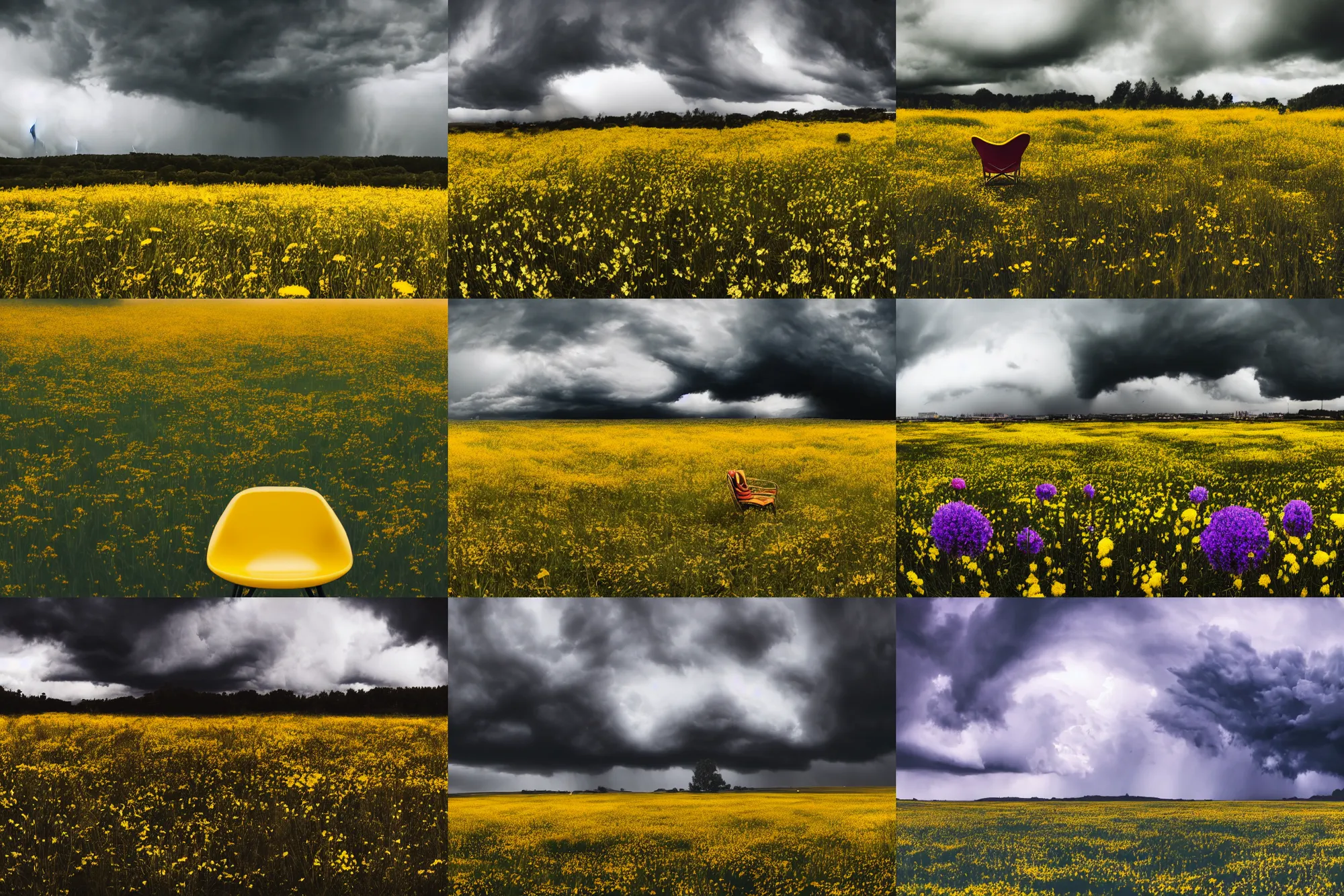 Prompt: 50mm DSLR photograph of a very moody flower meadow with moody storm clouds yellow boutique chair in the center, photography, panoramic view, Hyperdetailed, photorealistic, Unsplash