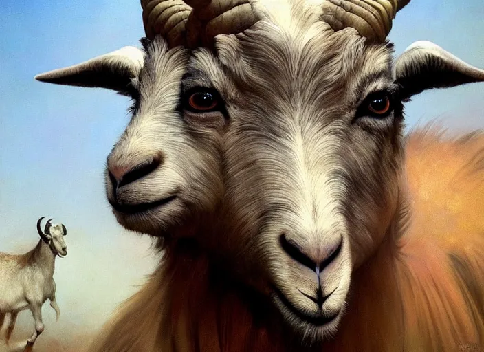 Image similar to ultra realistic portrait painting of a goat on roller blades, art by frank frazetta and beeple, 4 k, ultra realistic, highly detailed, epic lighting